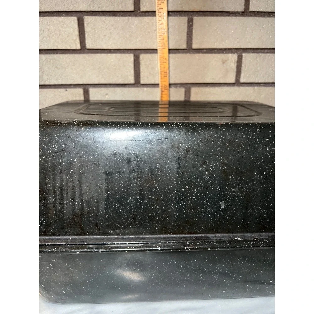 Vintage Black Speckled Enamelware Turkey Roaster Pan with Lid Large 18 inch